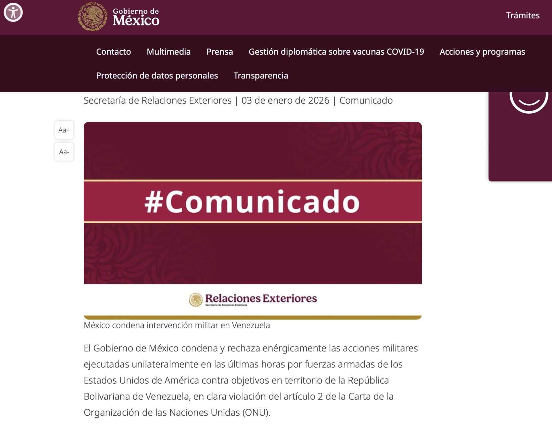 Screenshot of the Mexican Foreign Ministry statement