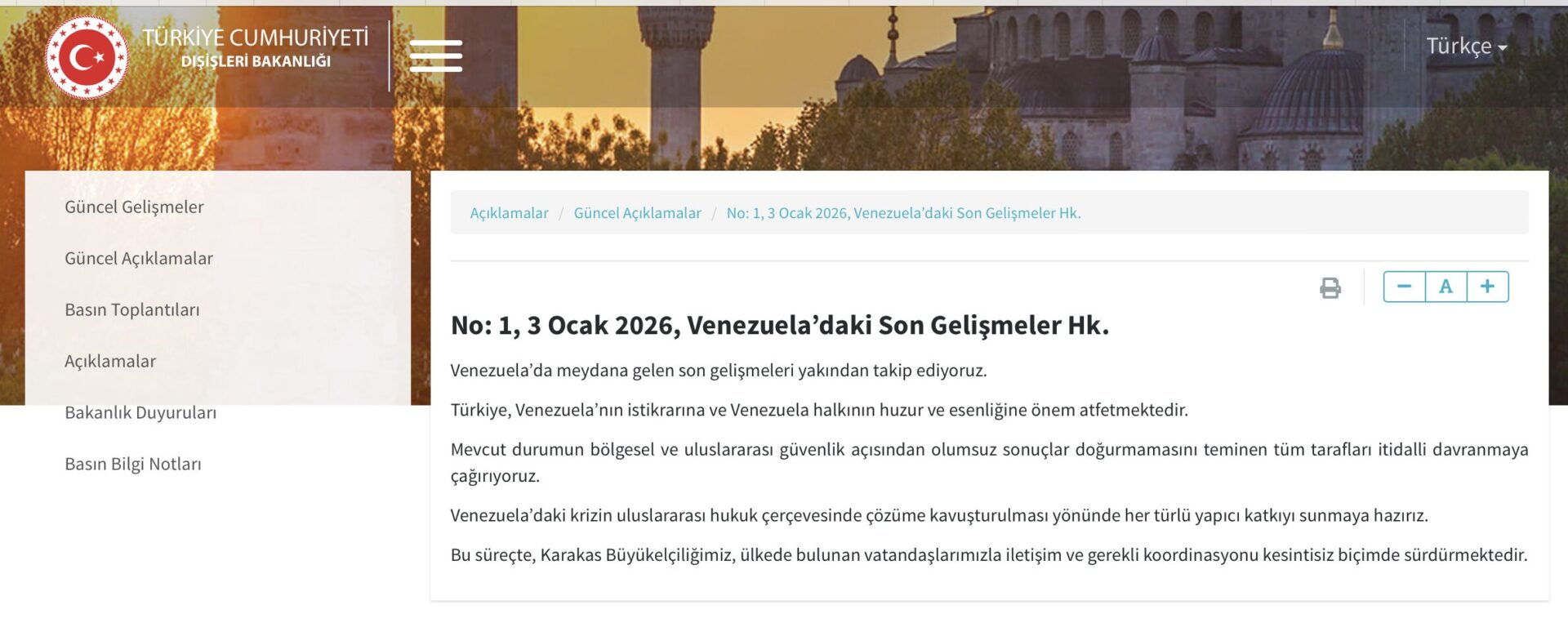 Screenshot of the statement from the Turkish Ministry of Foreign Affairs