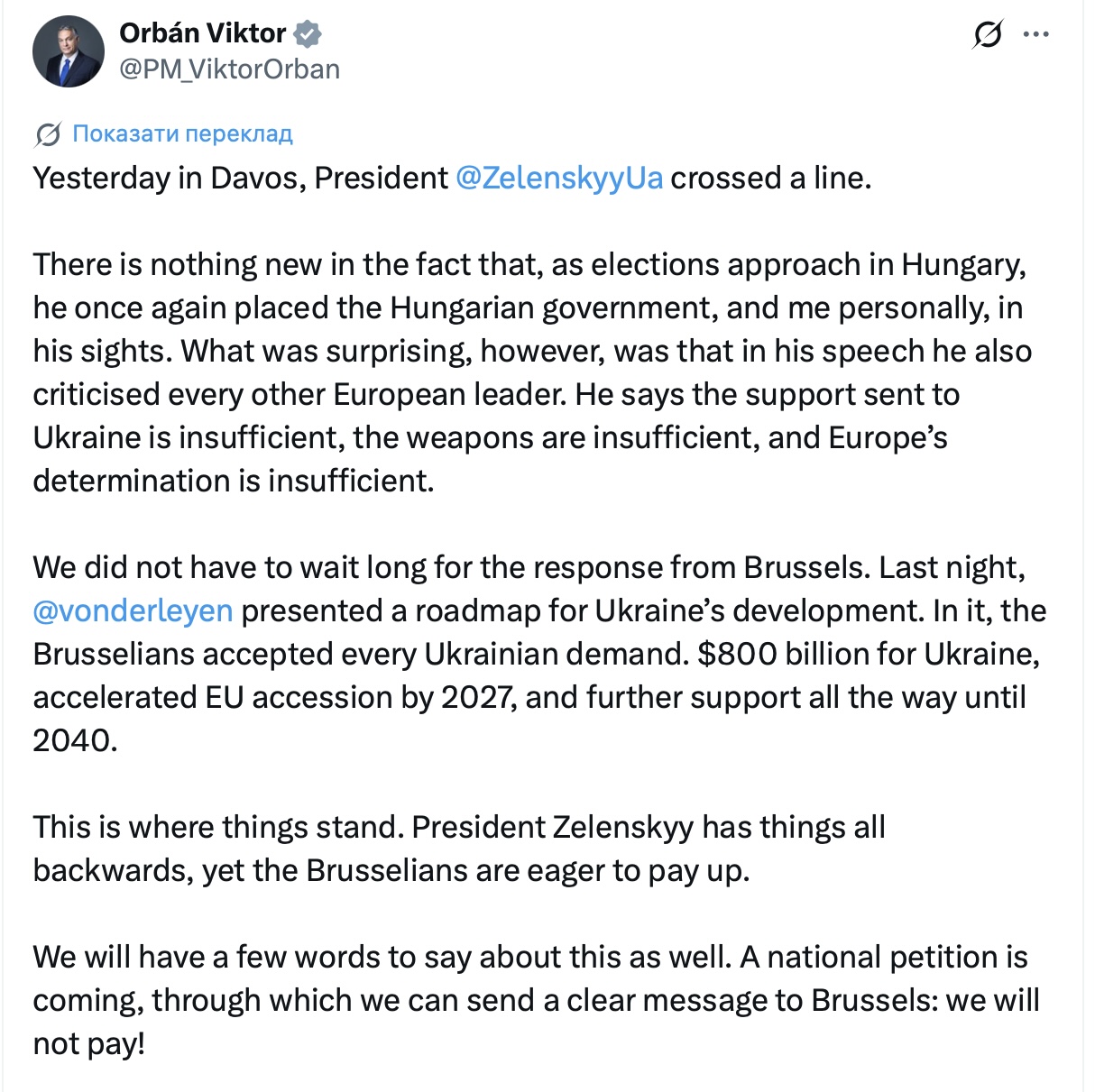 A screenshot of Viktor Orbán's official X page criticizing Volodymyr Zelenskyy and Brussels' policies.