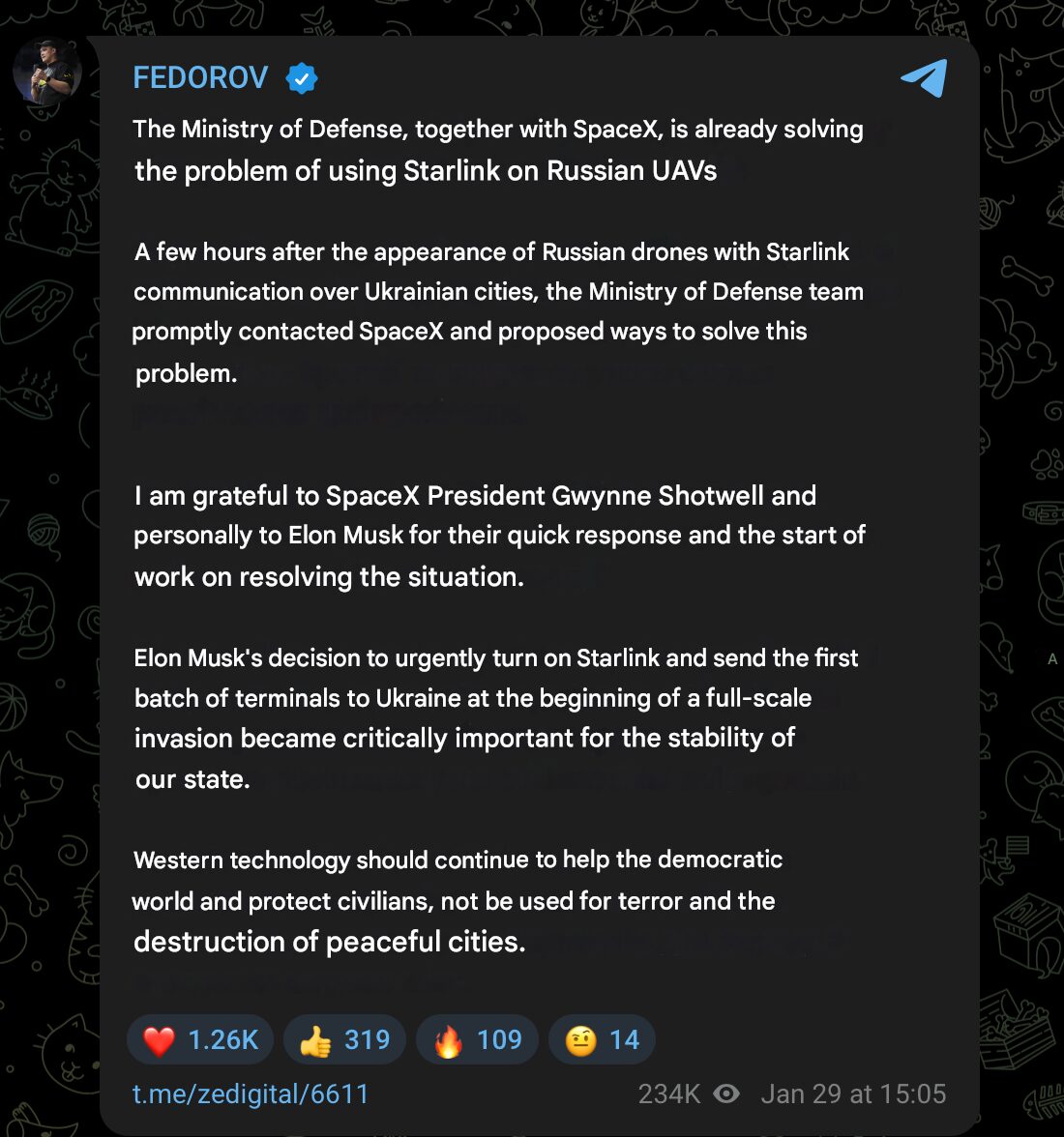 Screenshot from the Telegram of the Minister of Defense of Ukraine Fedorov