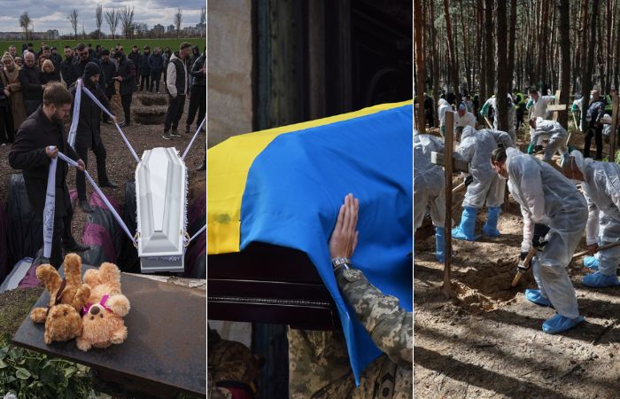 1)Two of the Ukrainian children killed by a Russian missile were buried in Kryviy Rih / EVGENIY MALOLETKA, ASSOCIATED PRESS (APRIL 2025) 2) Soldiers carry the coffin with the body of combat paramedic Iryna Tsybukh during her funeral / Getty Images (May 2024) 3) Members of Ukrainian Emergency Service work at a place of mass burial during an exhumation in Izium in Kharkiv region / REUTERS, Gleb Garanich (September 2022) Two of the Ukrainian children killed by a Russian missile were buried Soldiers carry the coffin with the body of combat paramedic Iryna Tsybukh during her funeral 3) Members of Ukrainian Emergency Service work at a place of mass burial during an exhumation in Izium in Kharkiv region