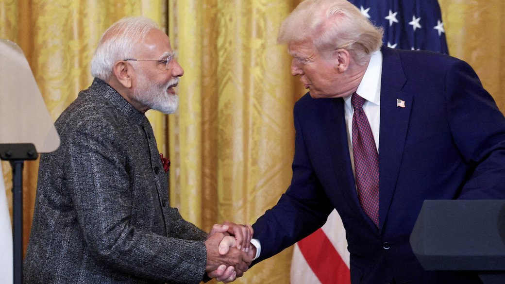 U.S. President Donald Trump and Indian Prime Minister Narendra Modi shake hands during a joint press conference at the White House in Washington, US