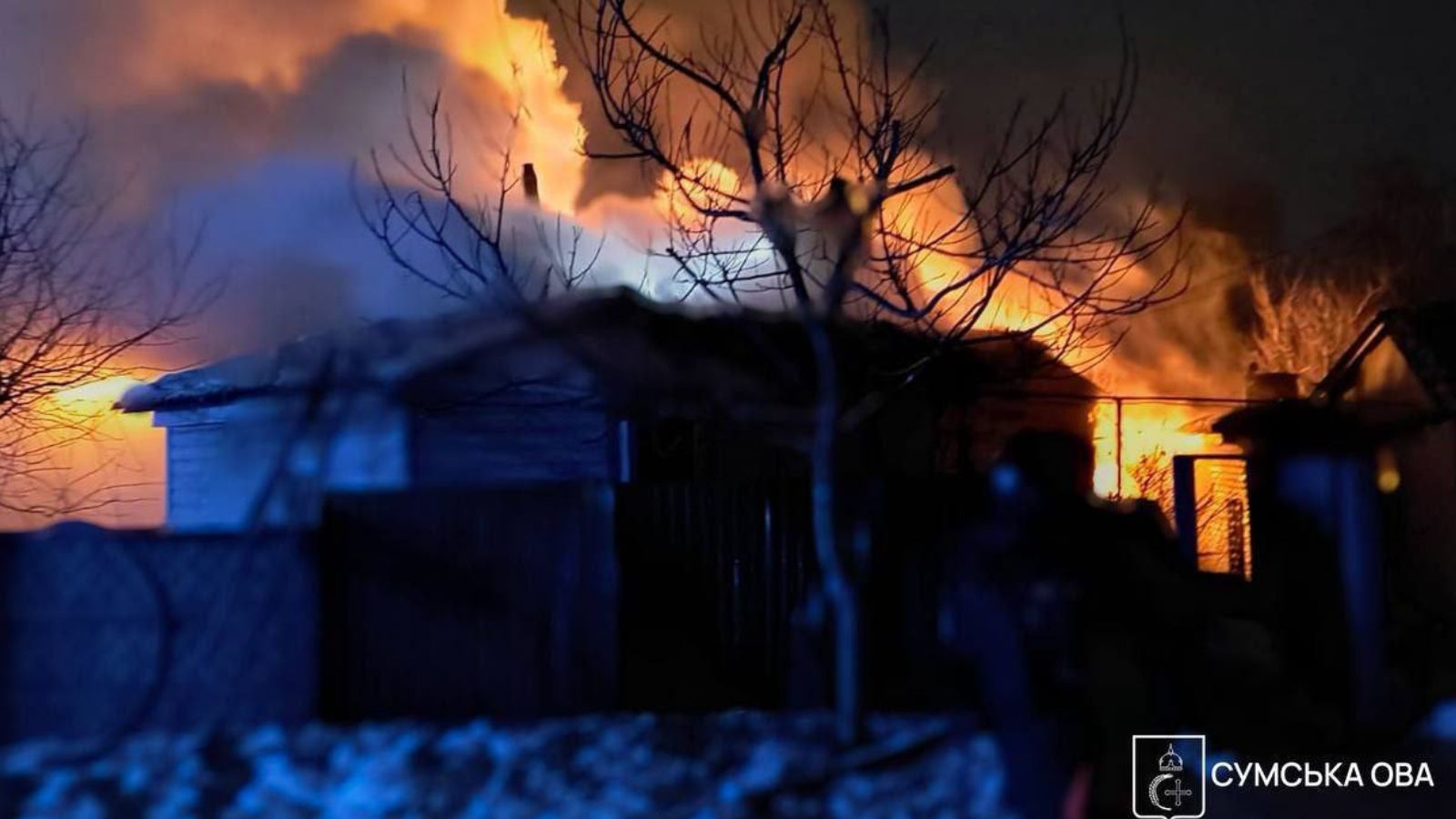 Приватний будинок, охоплений вогнем вночі, на тлі густого диму та дерев.