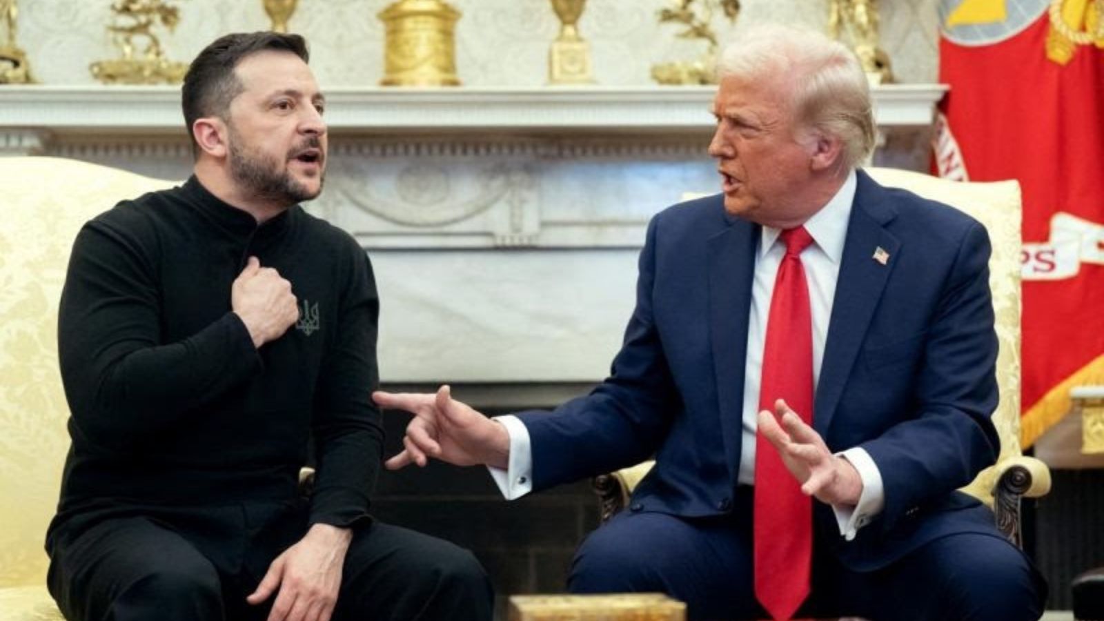 Володимир Зеленський та Дональд Трамп ведуть емоційну дискусію, сидячи в кріслах Овального кабінету Білого дому.