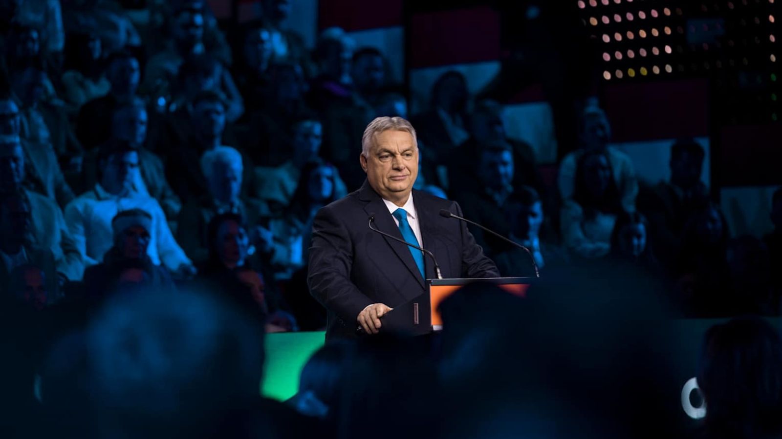 Viktor Orbán delivers his annual assessment speech behind a podium at Várkert Bazár, Budapest.