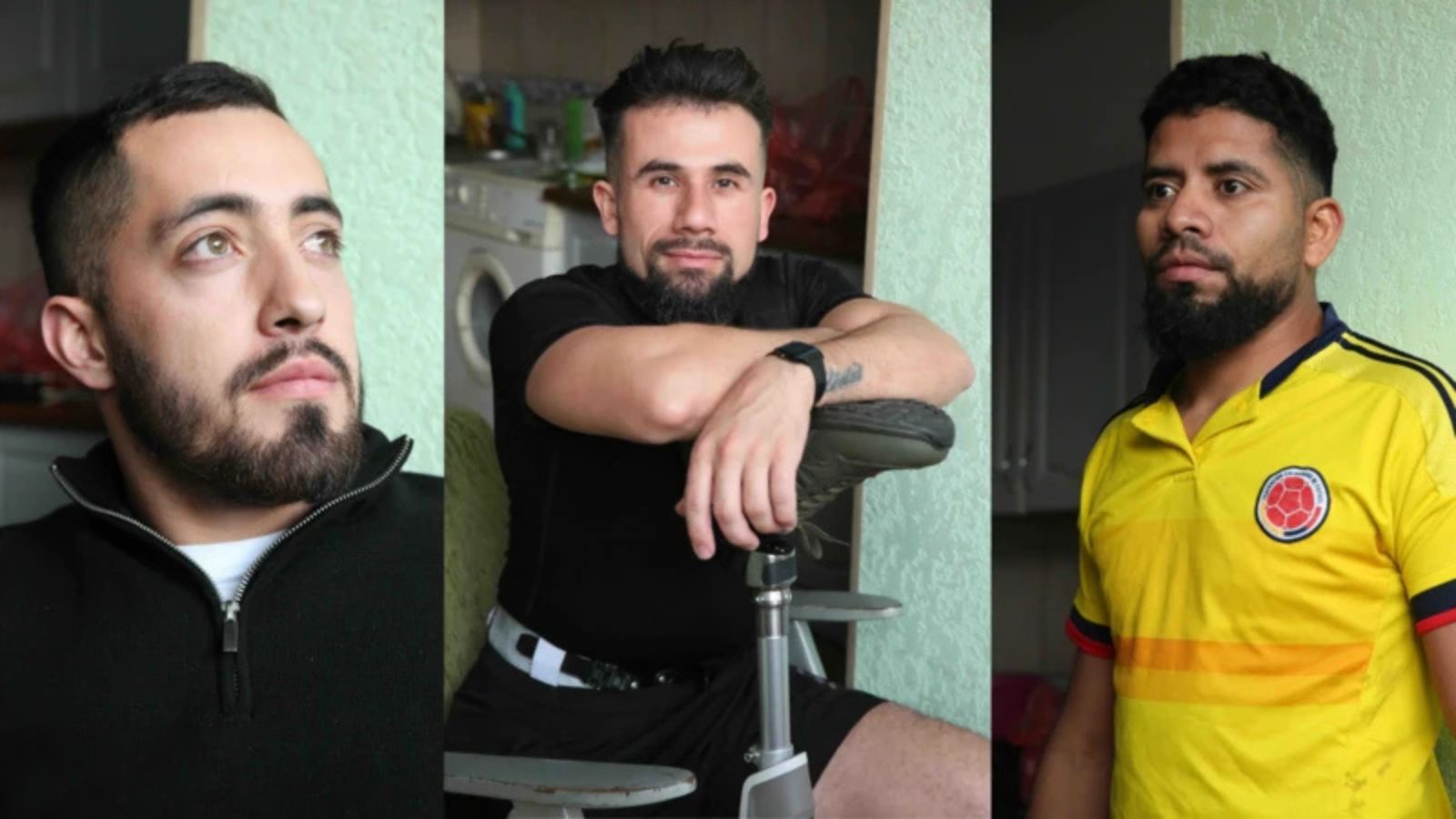 A collage of three portraits of Colombian servicemen; the central photo features a man sitting with a prosthetic leg.