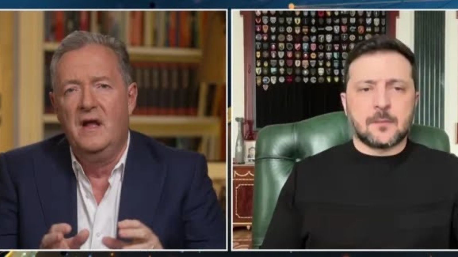 A video call screenshot featuring British journalist Piers Morgan (left) and President Volodymyr Zelenskyy (right) during an interview.