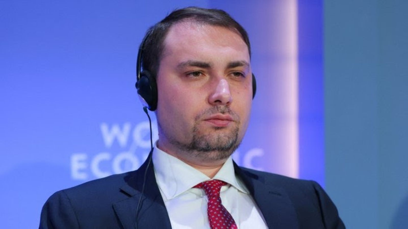 Kyrylo Budanov during a speech or meeting at the World Economic Forum in Davos.