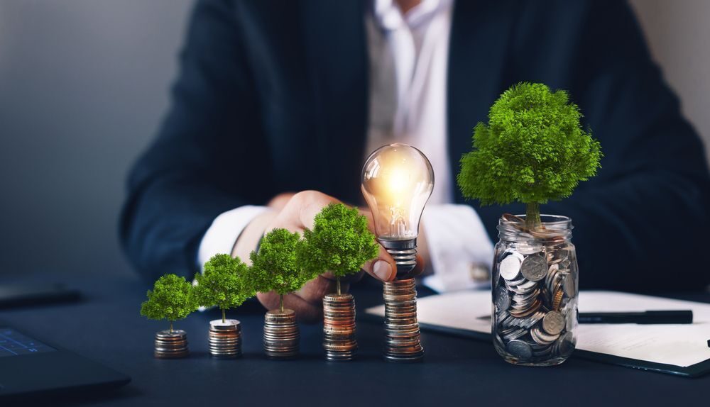 Stacks of coins are depicted against the background of a light bulb, symbolising electricity.