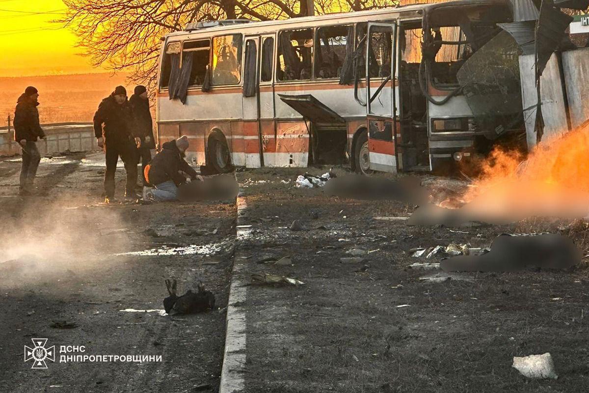 A bus carrying miners after being hit by a Russian drone