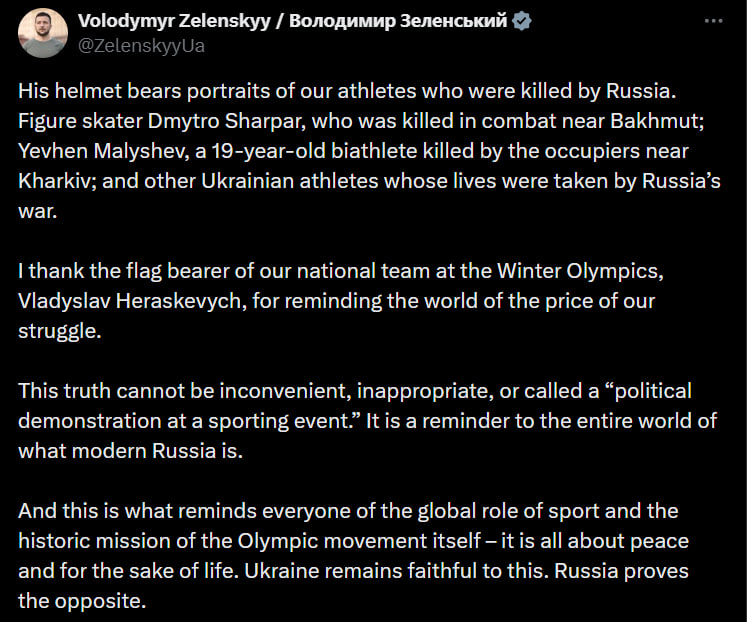 Ukrainian President Volodymyr Zelenskyy’s comment on the ban preventing Vladyslav Heraskevych from competing in a helmet at the Olympic Games