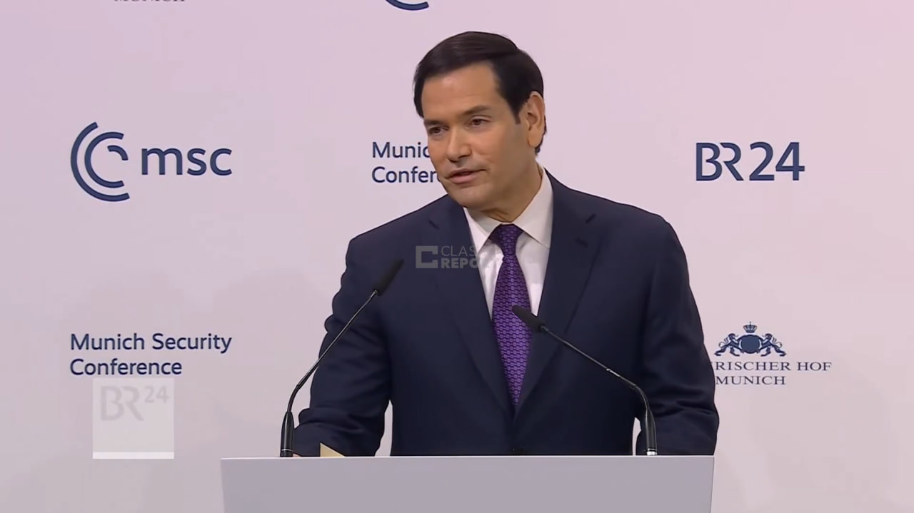 Rubio is giving a speech at the Munich Security Conference on February 14, 2026