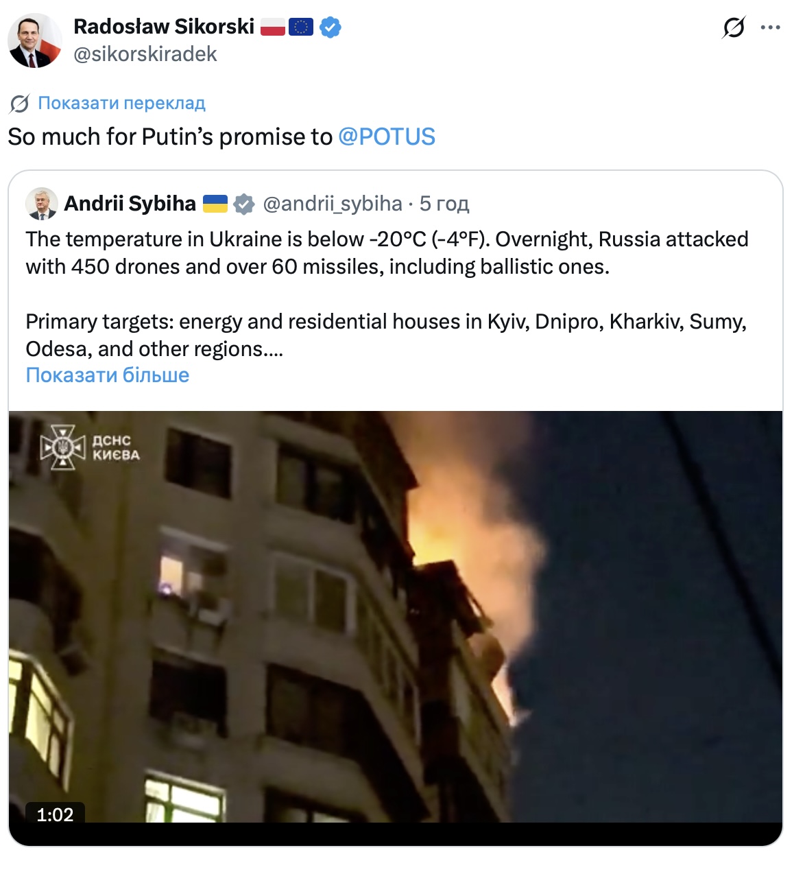 Screenshot of a post by Polish Foreign Minister Radosław Sikorski on X regarding Putin's broken promises.