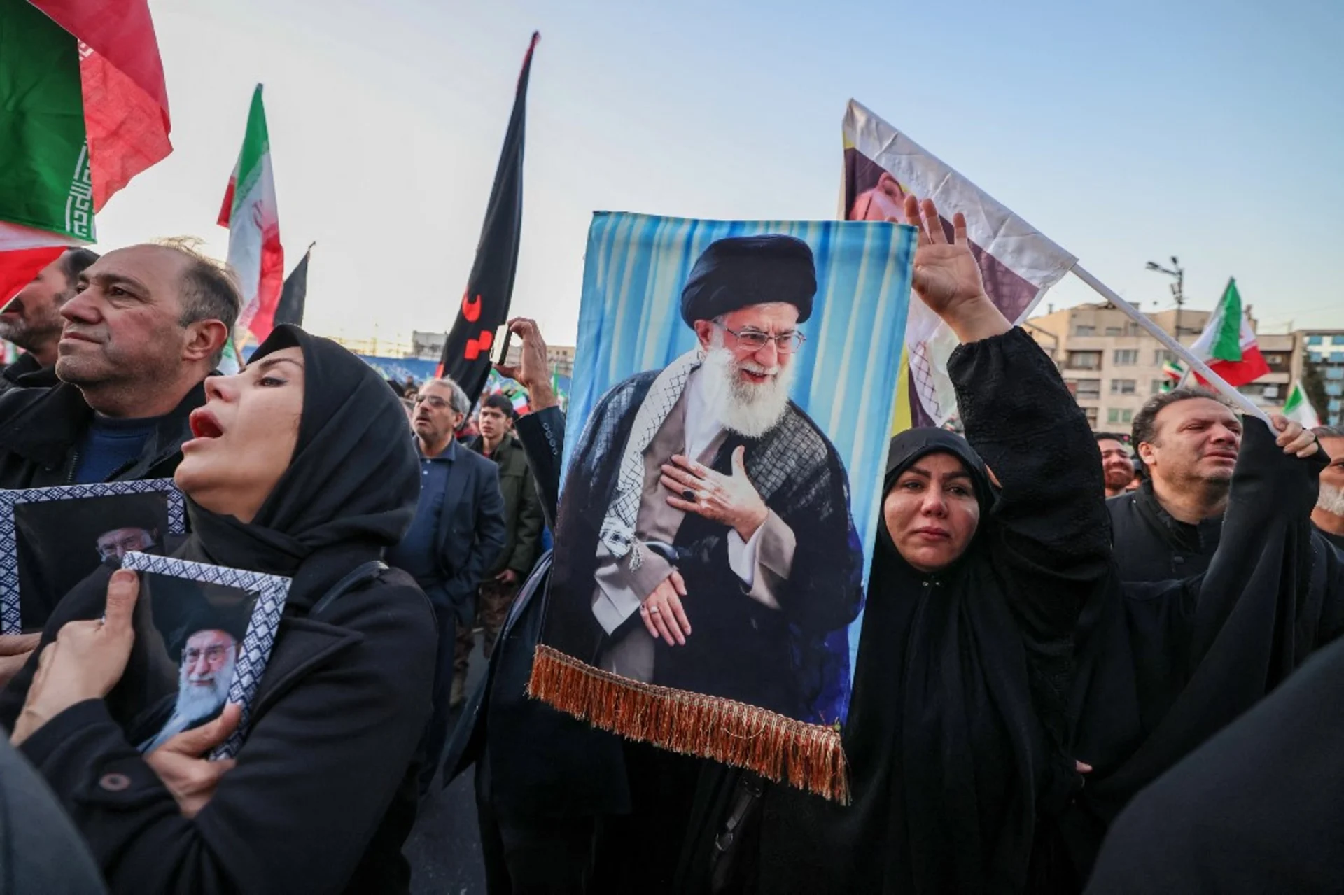 People gather in a square in Tehran to mourn the death of Iran’s Supreme Leader Ayatollah Ali Khamenei