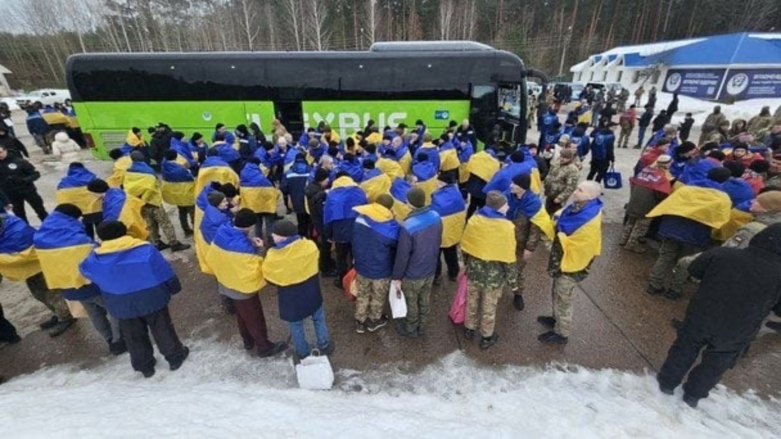 A large group of released Ukrainian defenders, wrapped in national flags, stands on a snowy lot next to a large green bus during a prisoner exchange.