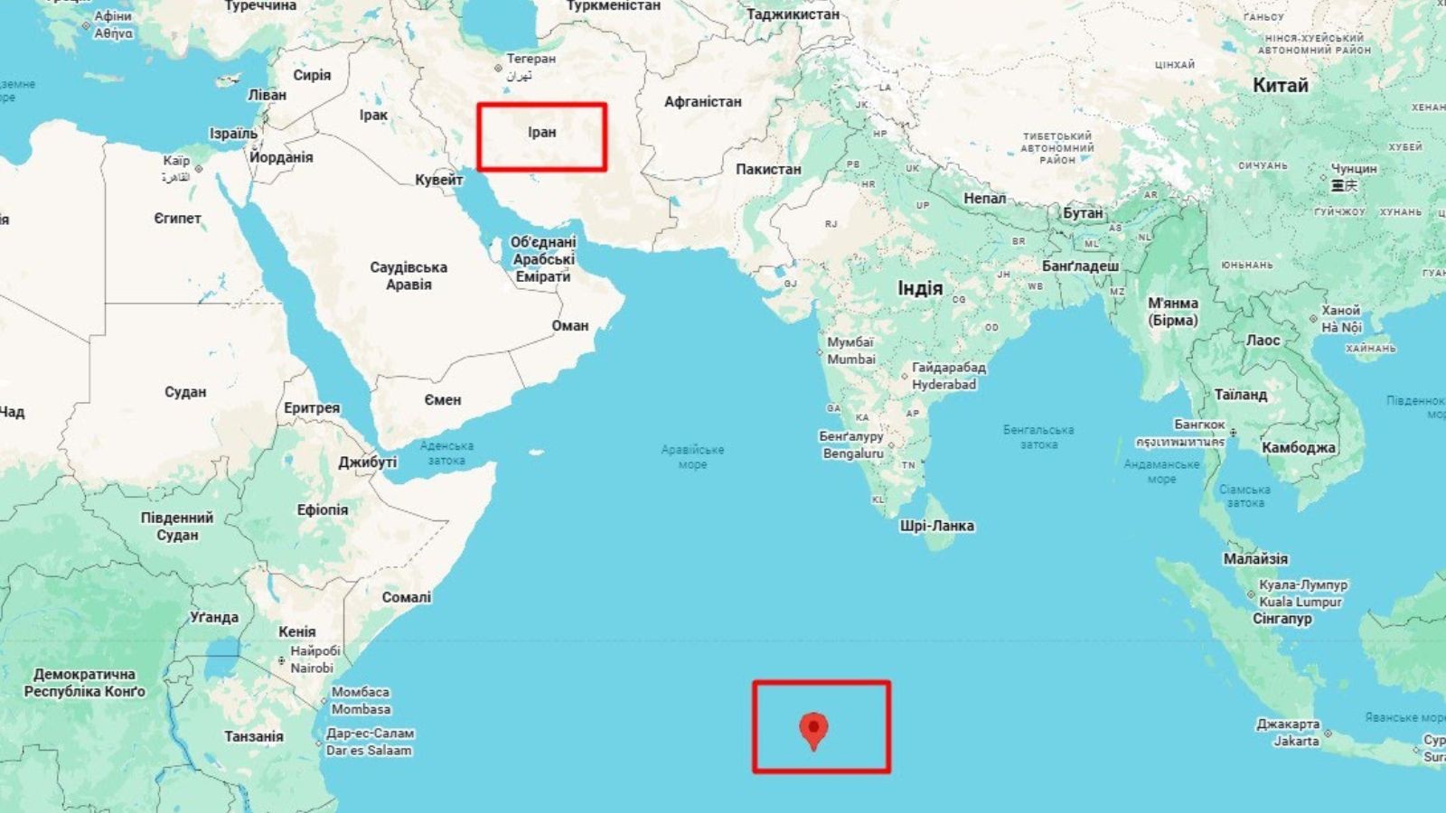 A Google Maps screenshot where red rectangles mark the territory of Iran to the north and the island of Diego Garcia in the Indian Ocean to the south