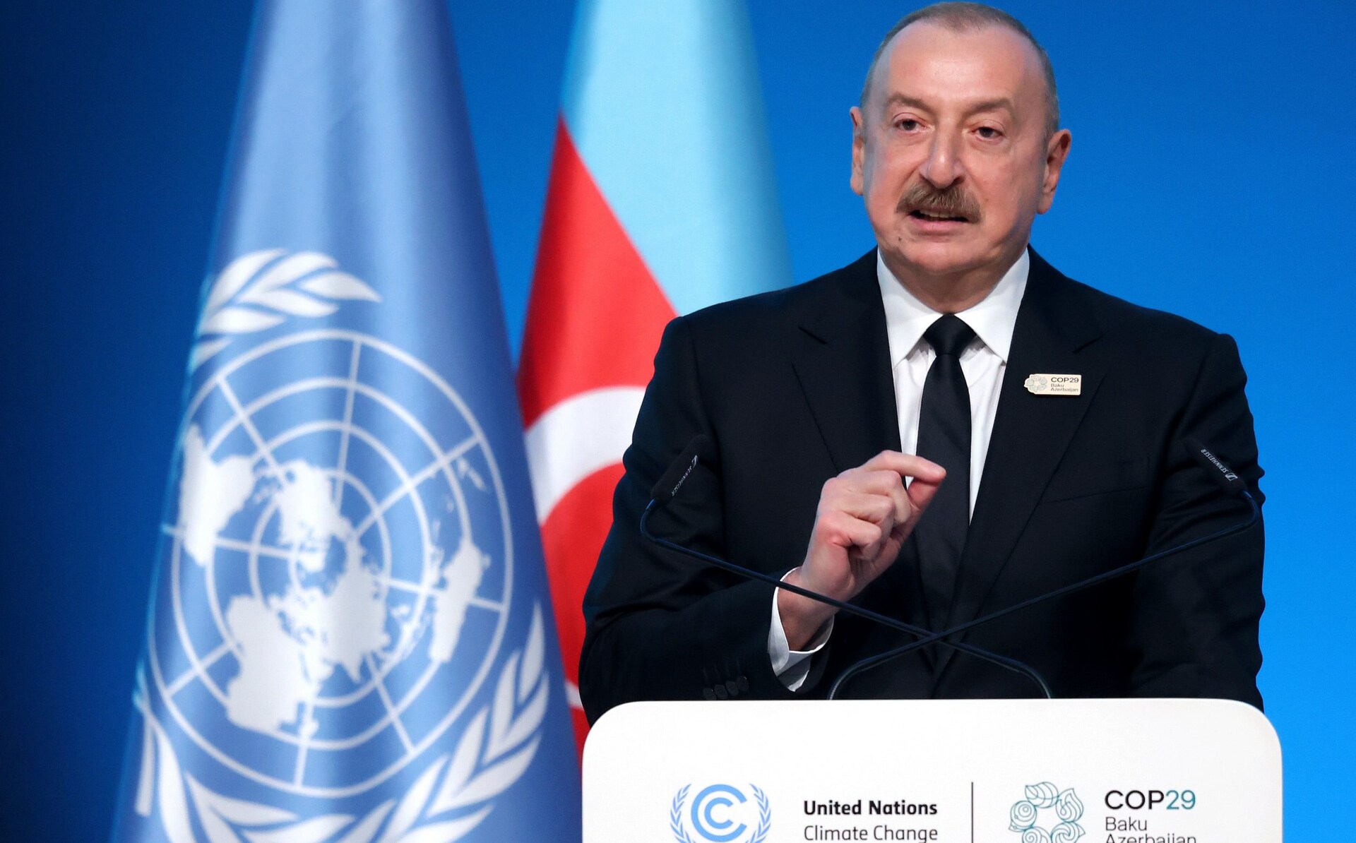 Azerbaijani President Ilham Aliyev delivers a speech