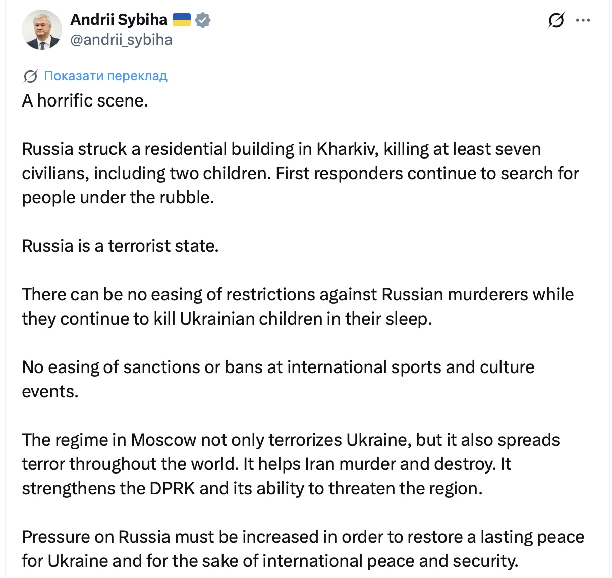 An image of the official post by Foreign Minister Andrii Sybiha on X calling for increased sanctions pressure