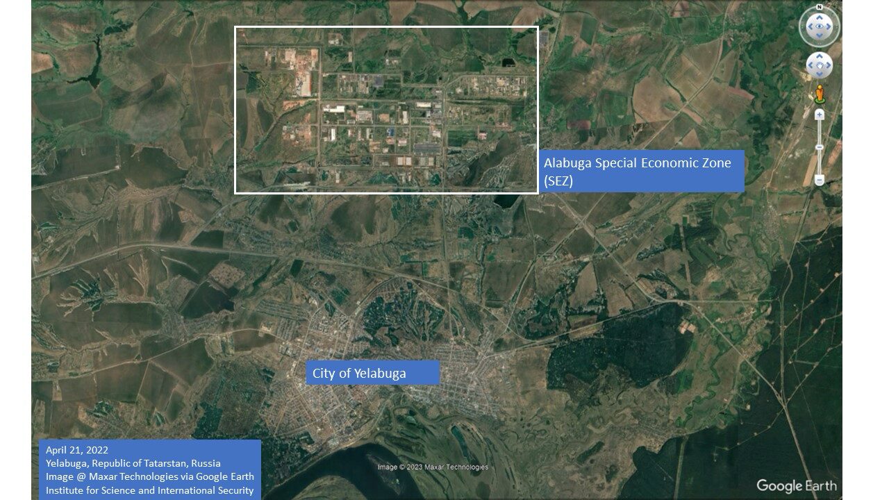 Satellite image of Alabuga Special Economic Zone in Tatarstan, Russia, showing industrial facilities near Yelabuga linked to manufacturing and military-industrial production