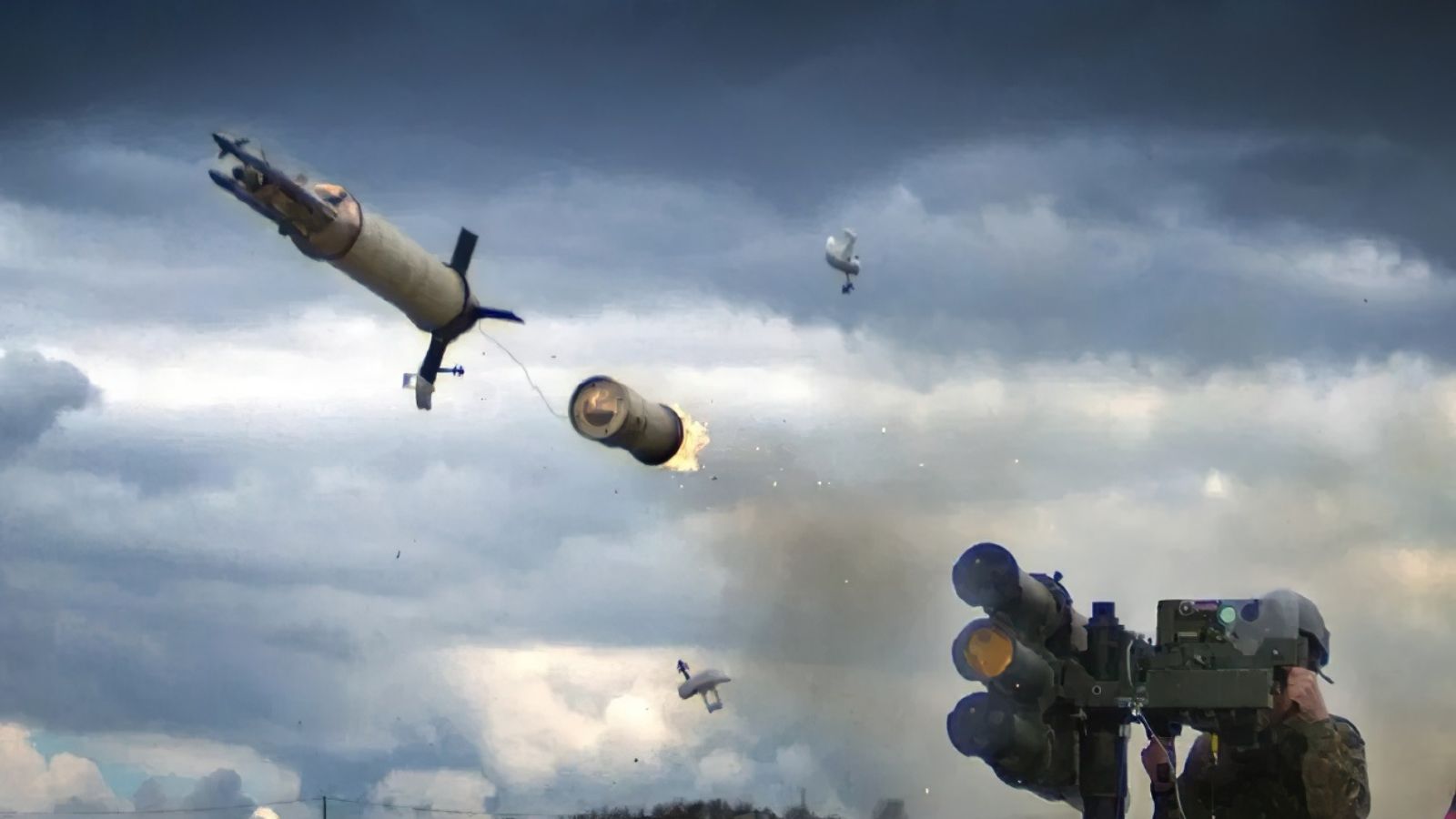 A low-angle shot against a dramatic cloudy gray sky. A soldier in uniform is visible in the bottom right corner, holding and aiming the Starstreak launcher. Two missile bodies are depicted mid-flight having separated in the air.