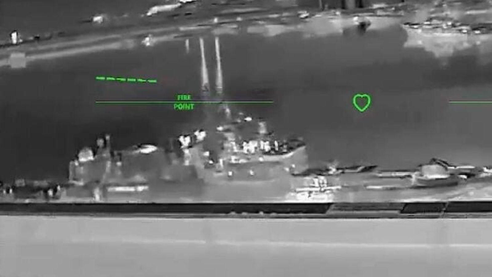 Black-and-white screenshot from a maritime drone camera targeting the Russian military frigate Admiral Makarov just before impact.