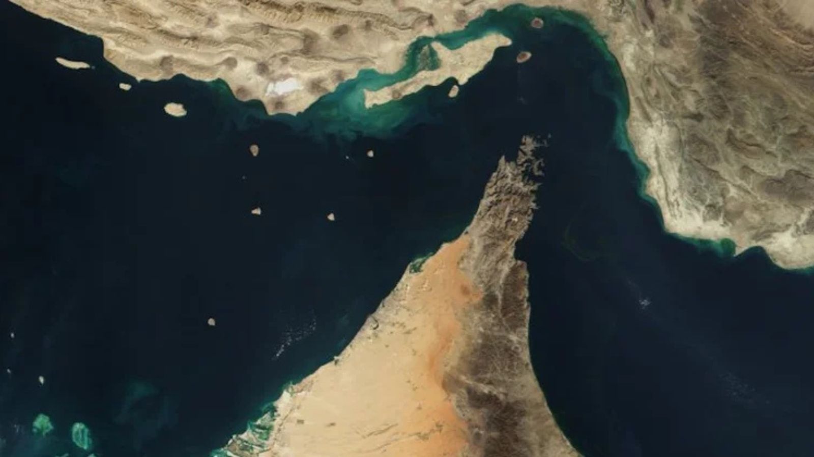 Satellite image of the Strait of Hormuz, a critical hub for global energy supplies