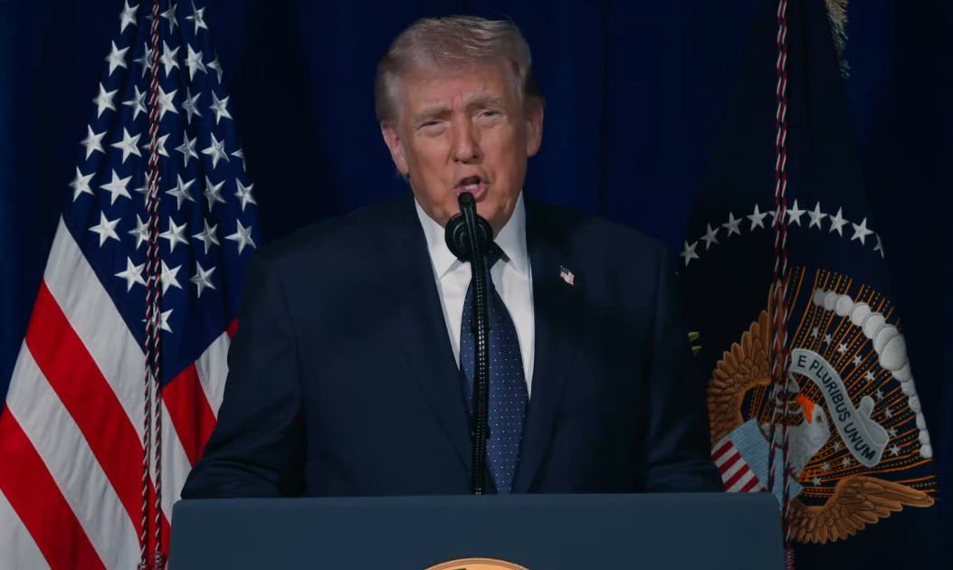 Donald Trump delivers a speech to Americans