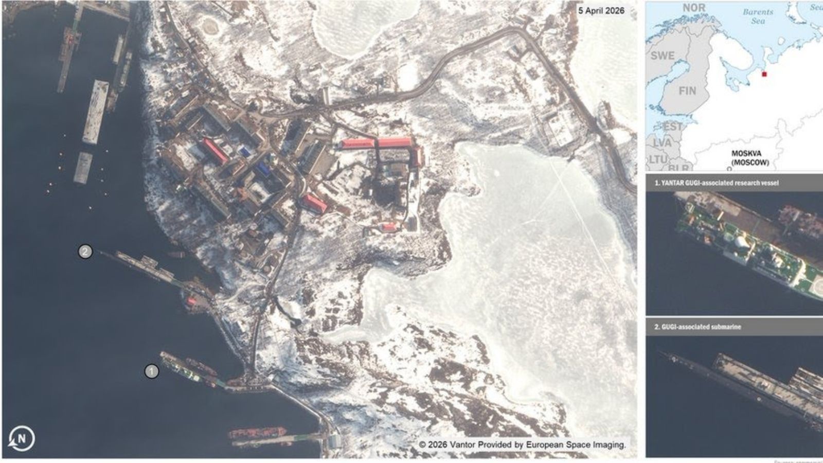 Satellite image of the Russian Olenya Guba base featuring markings of research vessels and submarines.