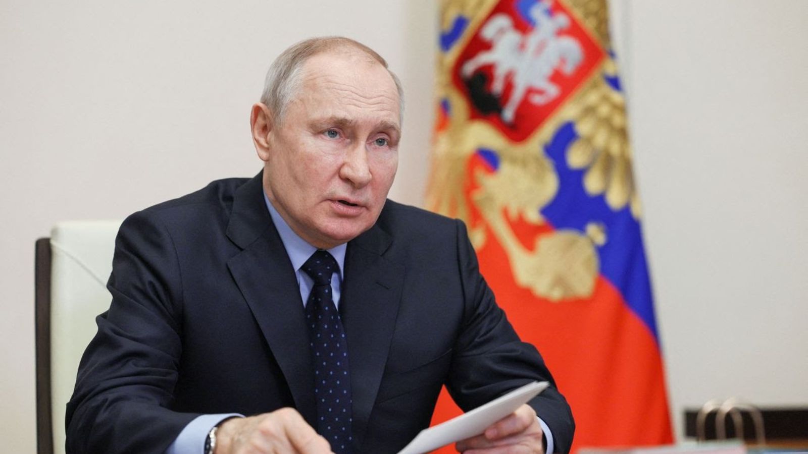 Portrait of Vladimir Putin in an official photo.
