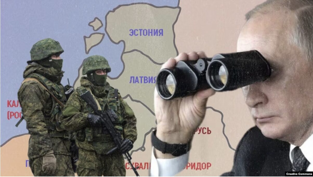 Vladimir Putin, Russian soldiers, map of the Baltic countries